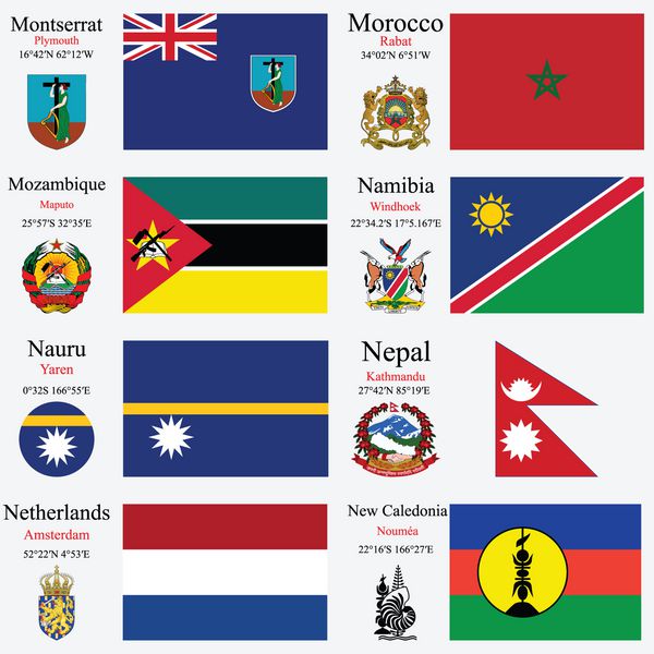 پرچم‌های جهانی مونتسرات مراکش موزامبیک نامیبیا نائورو نپال هلند و کالدونیای جدید با سرمایه‌ها مختصات جغرافیایی و نشان تصویر هنری برداری
