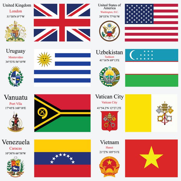 پرچم های جهان پادشاهی متحده ایالات متحده آمریکا اروگوئه ازبکستان وانواتو شهر واتیکان ونزوئلا و ویتنام با پایتخت مختصات جغرافیایی و نشان تصویر هنری