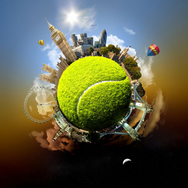سیاره تنیس لندن - تصویر نمادین لندن انگلستان ساخته شده بر روی توپ تنیس با تمام ساختمان ها و جاذبه های مهم شهر