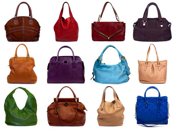 مجموعه ای از کیف های زنانه چند رنگ در زمینه سفید 12 قطعه