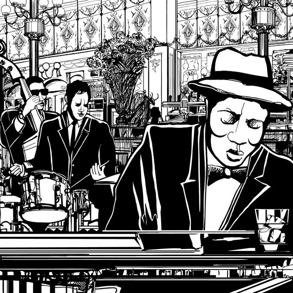 تصویرسازی یک گروه پیانو جاز در رستوران با پیانو کنترباس و د