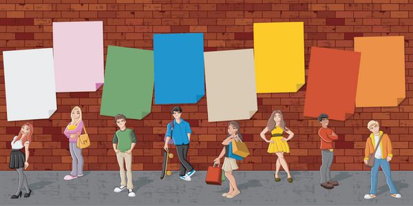 گروهی از نوجوانان کارتونی در مقابل پس زمینه دیوار آجری قرمز