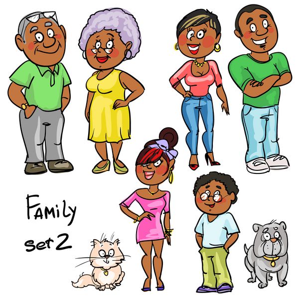 خانواده - مجموعه 2 اعضای خانواده طنز با دست کشیده شده طرح