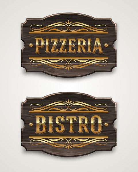 تابلوهای چوبی قدیمی برای پیتزا فروشی و اغذیه فروشی با حروف طلایی و عناصر تزئینی - وکتور