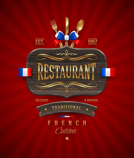 تابلوی چوبی تزئینی قدیمی رستوران فرانسوی با دکور و حروف طلایی - وکتور