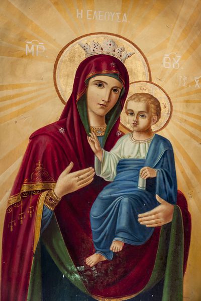 الکساندروپلیس یونان - 12 اکتبر مریم باکره و عیسی مسیح در کودکی یک شمایل نگاری بیزانسی در فضای داخلی هاگیوس دیمیتریوس در 12 اکتبر 2012 در الکساندروپلیس