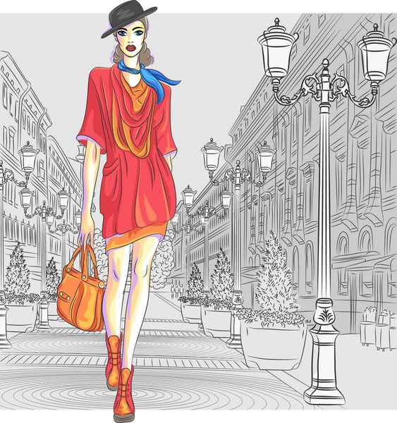 وکتور جذاب دختر مد در کلاه با کیف به سبک طرح می رود برای خیابان پترزبورگ