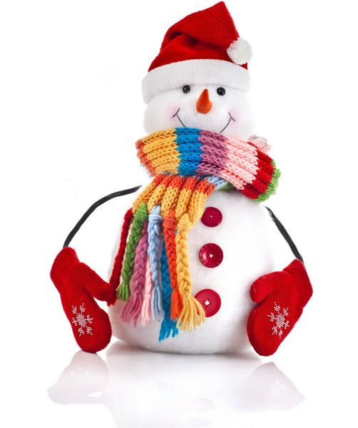 آدم برفی کریسمس با روسری راه راه رنگارنگ و کلاه بابا نوئل جدا شده در زمینه سفید