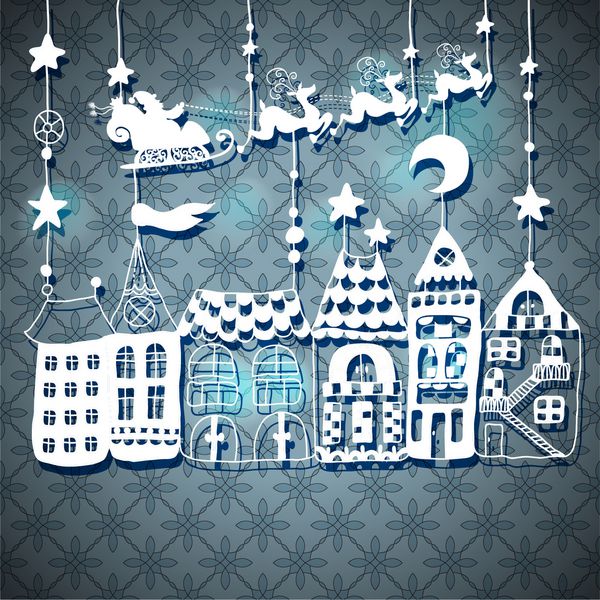 کارت سال نو یا کریسمس برای طراحی تعطیلات با بابا نوئل در سورتمه روی خانه ها وکتور