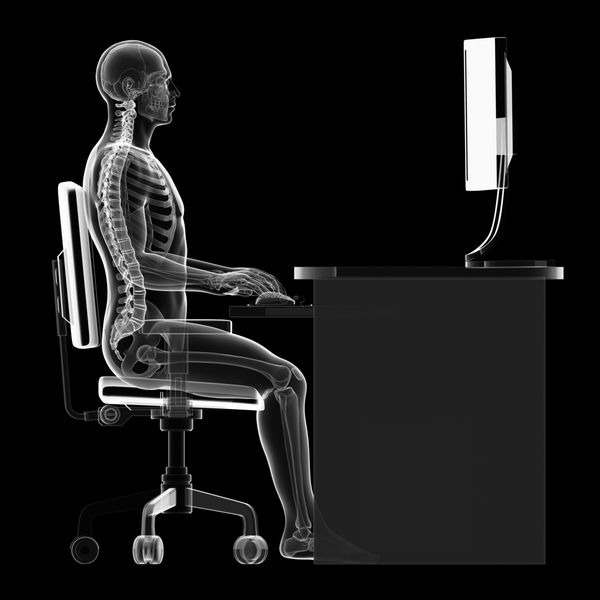 تصویر رندر سه بعدی مردی که روی کامپیوتر کار می کند - وضعیت صحیح نشستن
