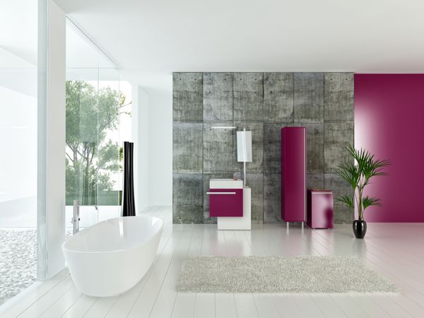 فضای داخلی حمام مدرن با دیوار بتنی و مبلمان صورتی