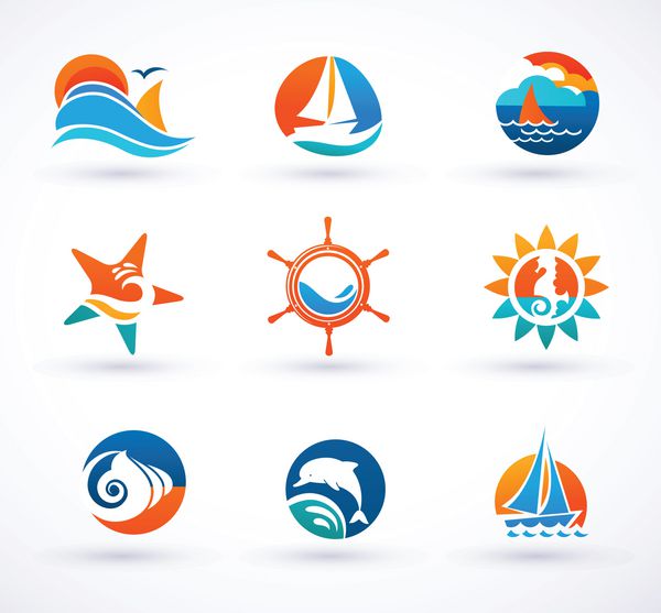 مجموعه ای از نمادها علائم و نمادهای دریایی و دریایی