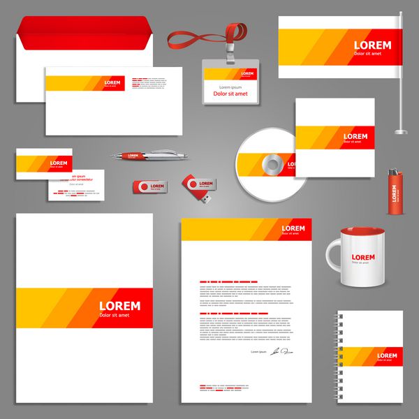 الگوی سفید هویت شرکتی با عناصر قرمز و نارنجی بردار سبک شرکت برای برند و دستورالعمل قسمت 10