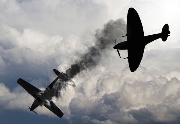برداشت هنرمند از صحنه ای از نبرد بریتانیا که در سال 1940 در طول جنگ جهانی دوم بیداد کرد جنگنده بریتانیایی یک جنگنده آلمانی را ساقط کرد