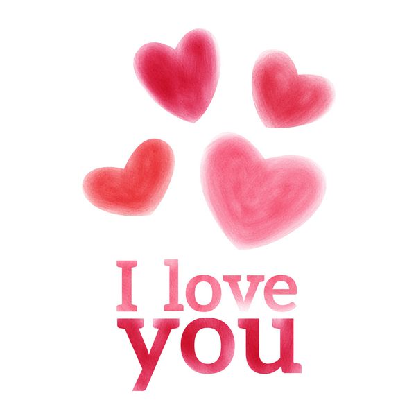 وکتور کتیبه I love you نقاشی شده با آبرنگ و قلب های آبرنگ جدا شده در زمینه سفید وکتور لکه های آبرنگ کارت تبریک روز اعلامیه عشق