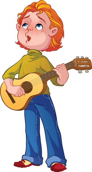 پسر مو قرمز آواز می خواند و گیتار می نوازد وکتور بر روی زمینه سفید