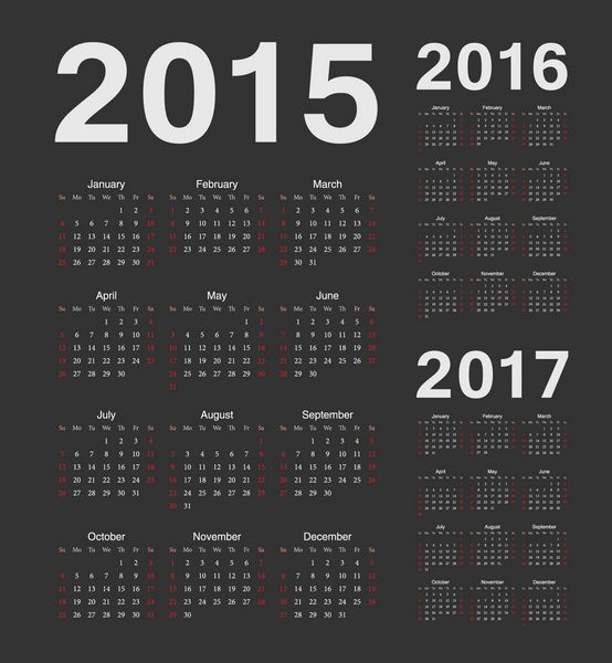 تقویم های سیاه وکتور اروپایی 2015 2016 2017