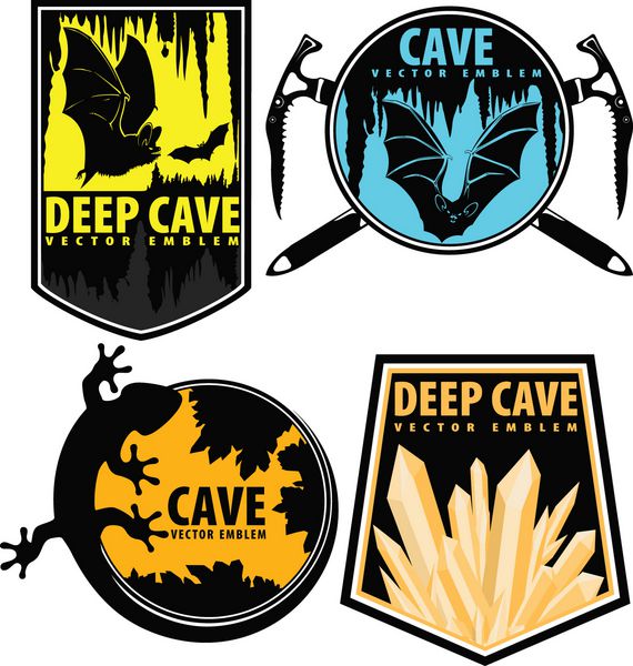 مجموعه ای از نمادهای وکتور غار روی سپرهایی با خفاش مارمولک و کریستال