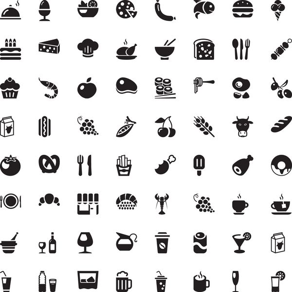 مجموعه ای از نمادها با غذا و نوشیدنی برای رستوران یا تجاری
