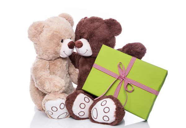 کریسمس دو خرس عروسکی منزوی عاشق که یک هدیه سبز در دست دارند