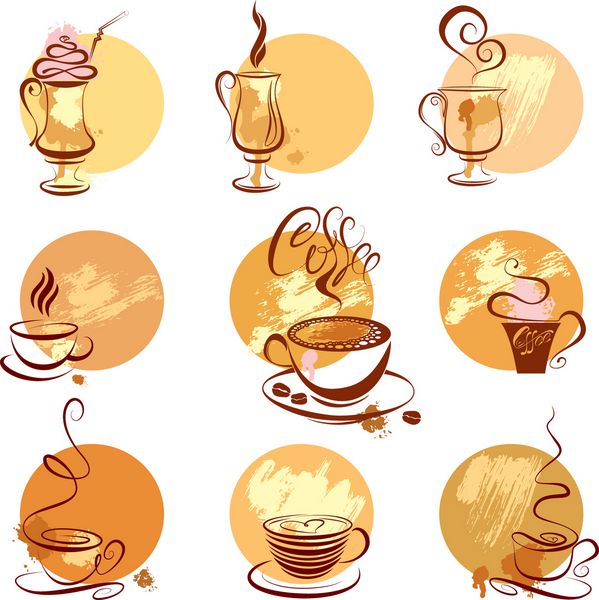 مجموعه ای از نمادهای فنجان قهوه نمادهای طرح دار برای منوی رستوران یا کافه