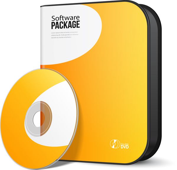 جعبه بسته نرم افزاری مدرن سفید زرد نارنجی گرد با دی وی دی دیسک سی دی یا سایر محصولات شما
