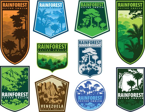 مجموعه وکتوری از نمادهای جنگل های بارانی استوایی پرنعمت روی سپر