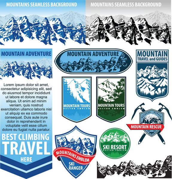 مجموعه آیکون های کوه سفر کوهنوردی مجموعه برچسب های کوه های اسکی