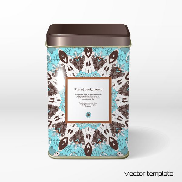 جسم وکتور بسته بندی قلع مربع چای قهوه محصولات خشک الگوی گل های زیبا در سبک قدیمی لطفا برای متن شما سایه های واقع گرایانه