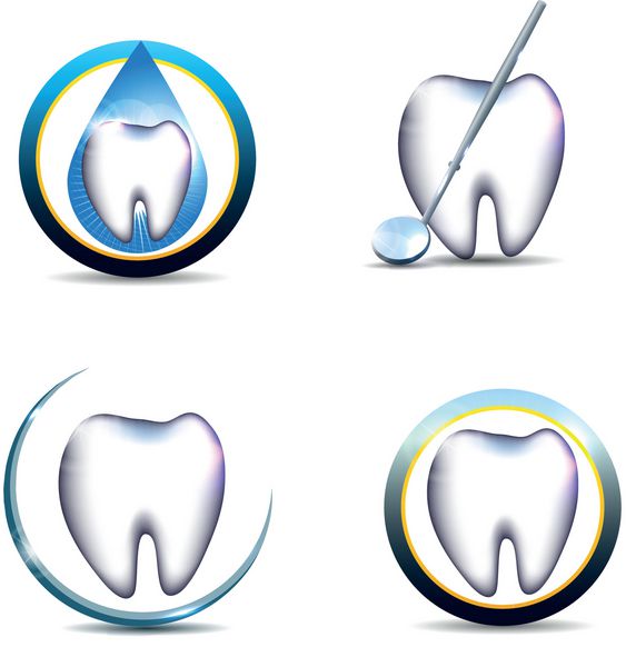 نماد دندان های سالم طرح های مختلف طرح های زیبا و درخشان جدا شده بر روی پس زمینه سفید دندان با آینه دندان در قطره و طرح های دیگر