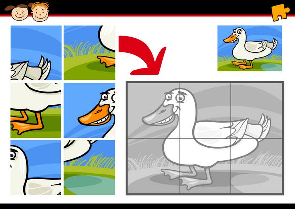 وکتور کارتونی آموزش بازی پازل اره منبت کاری اره مویی برای کودکان پیش دبستانی با پرنده مزرعه اردک خنده دار