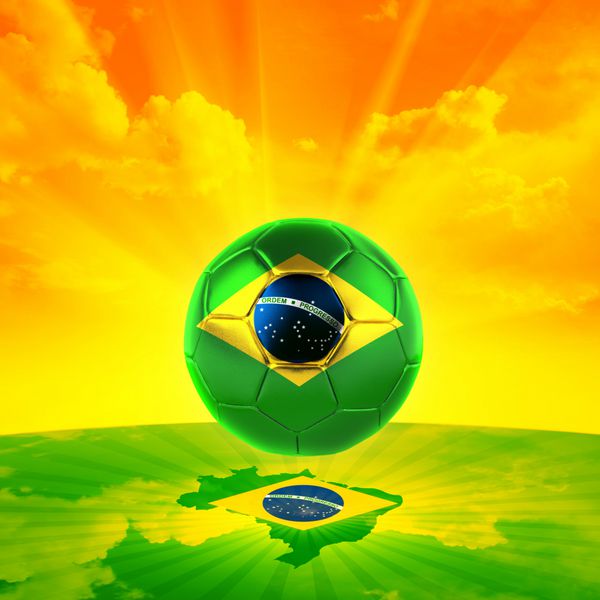 پرچم برزیل نقشه فوتبال اشعه خورشید چمن پس زمینه ابرها