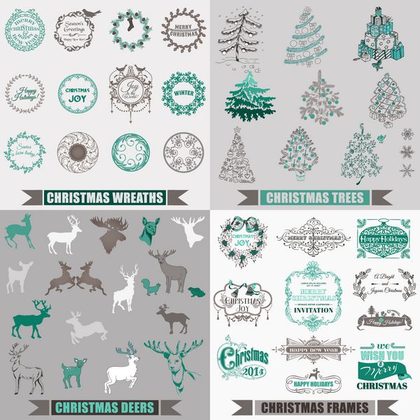 مجموعه وکتور عناصر طراحی خوشنویسی کریسمس قاب ها درختان کریسمس قاب های قدیمی