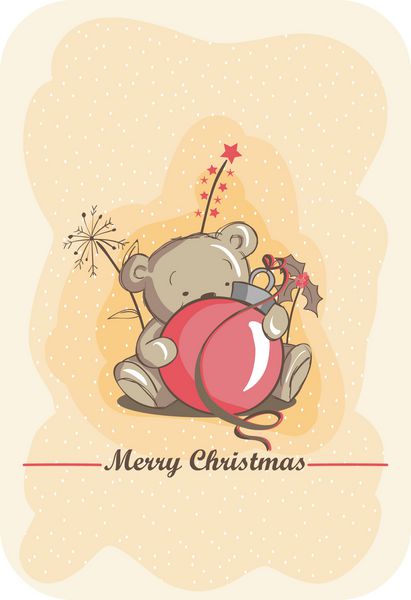 کارت تبریک کریسمس - خرس زیبا و حباب قرمز