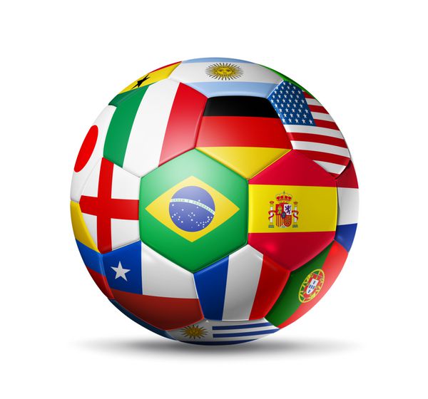توپ فوتبال سه بعدی با پرچم تیم های کشورها جدا شده روی سفید با مسیر برش