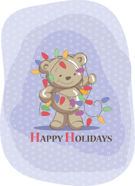 کارت تبریک کریسمس - خرس زیبا و چراغ های کریسمس