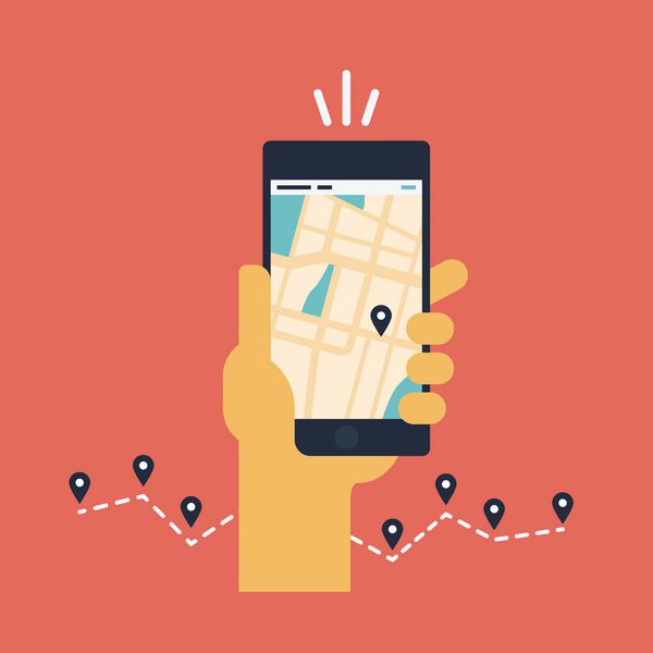 وکتور طرح تخت مدرن مفهوم مردی که گوشی هوشمند در دست دارد با ناوبری GPS موبایل روی صفحه و مسیر با نمادهای اعلام حضور جدا شده در پس زمینه قرمز