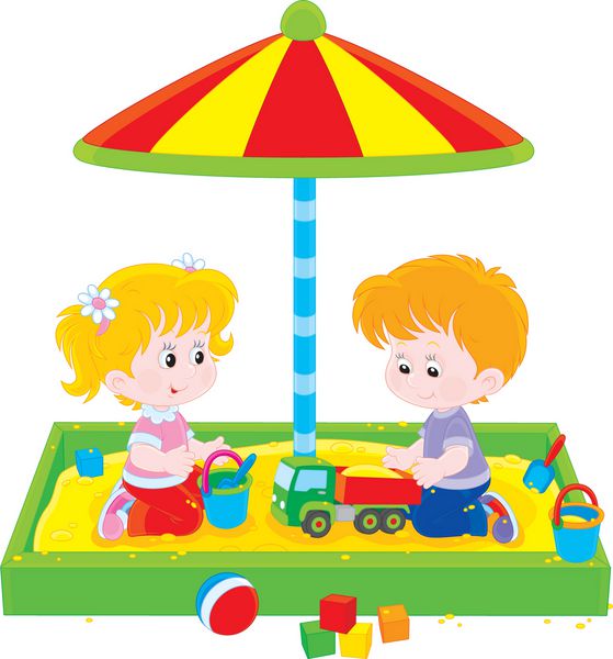 دختر و پسر کوچک در یک جعبه شنی در یک زمین بازی