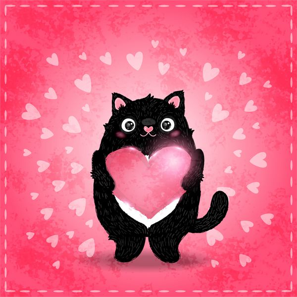 کارت روز کارتونی زیبا گربه سیاه چاق با قلب