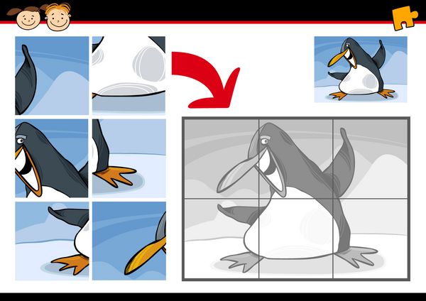 وکتور کارتونی آموزش بازی پازل اره منبت کاری اره مویی برای کودکان پیش دبستانی با حیوان پنگوئن خنده دار