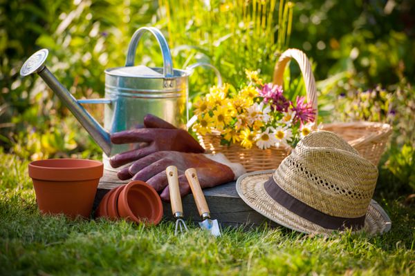 ابزار باغبانی و کلاه حصیری روی چمن های باغ