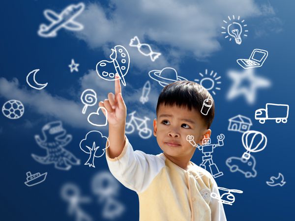 کودکان آسیایی نماد تصور پرواز را فشار می دهند