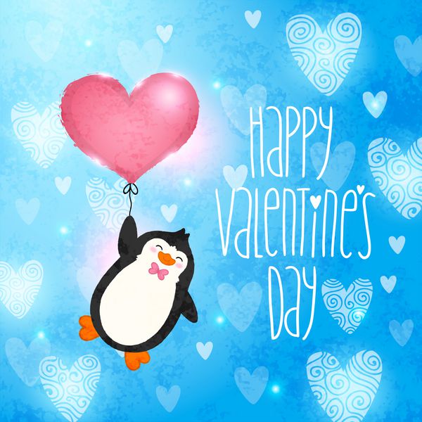 کارت روز پنگوئن کارتونی زیبا با بادکنک قلبی