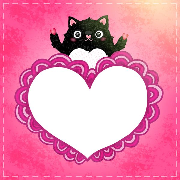 کارت روز قلب ابله کارتونی زیبا با گربه سیاه