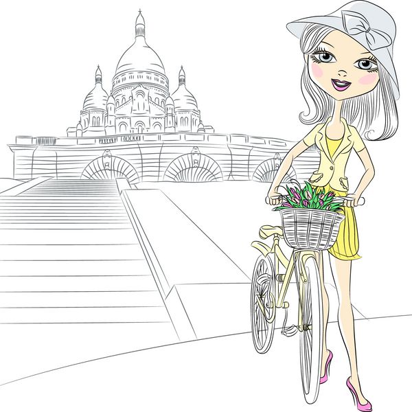 وکتور دختر زیبای مد با گل روی دوچرخه در مقابل ساکر کور در پاریس