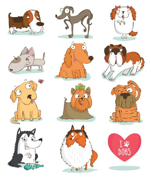 مجموعه ای از شخصیت های سگ بامزه نژاد می کند جدا شده روی سفید