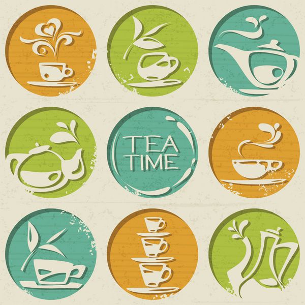 الگوی چای از اشکال گرد با عناصر غذایی مانند فنجان چای کتری چای و برگ چای تشکیل شده است
