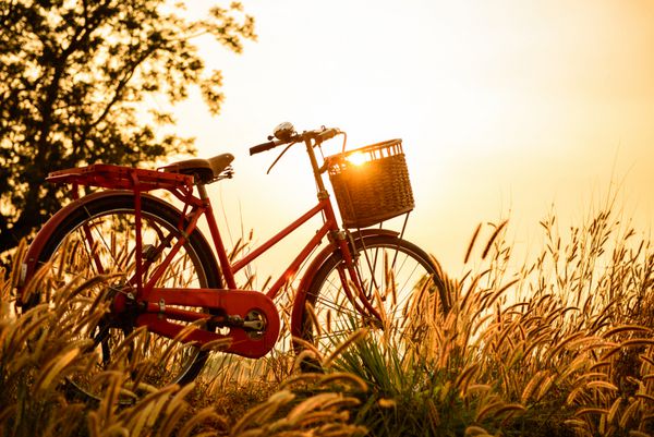 تصویر منظره زیبا با دوچرخه در غروب آفتاب
