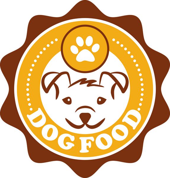طرح دایره ای آیکون غذای سگ با یک توله سگ خندان زیبا و چاپ پنجه در گل رز برنده با متن وکتور