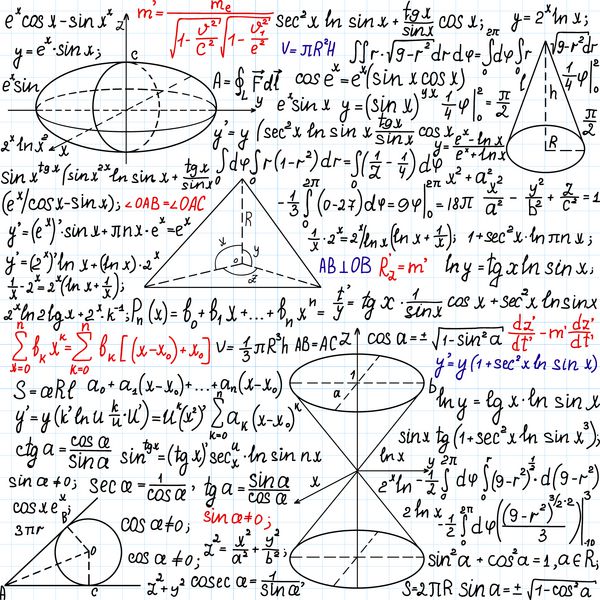 الگوی بدون درز وکتور ریاضی زیبا با فرمول‌ها شکل‌ها و راه‌حل‌های کار دست‌نویس روی کاغذ کتاب کپی رنگ‌های مختلف